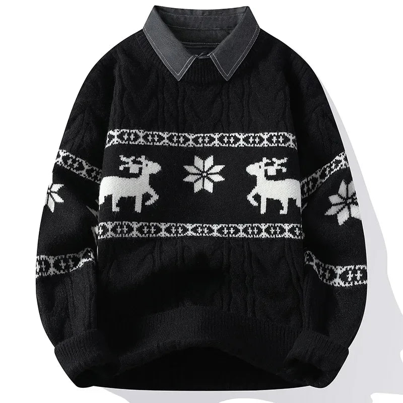 Maglione natalizio uomo, motivo renna, maniche lunghe, collo polo, ampio, perfetto per le feste.