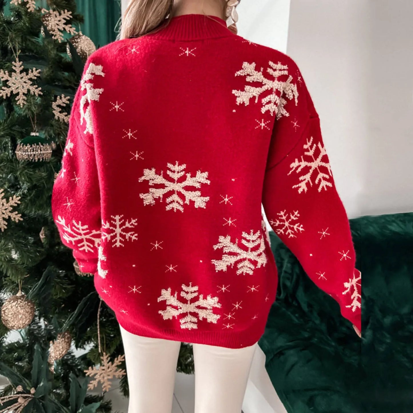 Maglione natalizio rosso da donna 2024, stampa divertente fiocchi di neve, collo alto a metà, perfetto per feste.