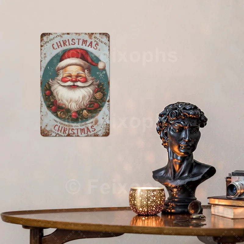 Santa Claus, decorazione da parete in metallo stile retrò. Piastra con tema natalizio perfetta per decorare gli ambienti durante le festività. Dimensioni: 30x20 cm.